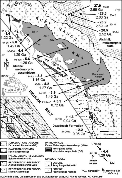 Overview about Eps.-Nd-values and depleted mantle model ages of metasedimentary rocks of the Kluane metamorphic assemblage